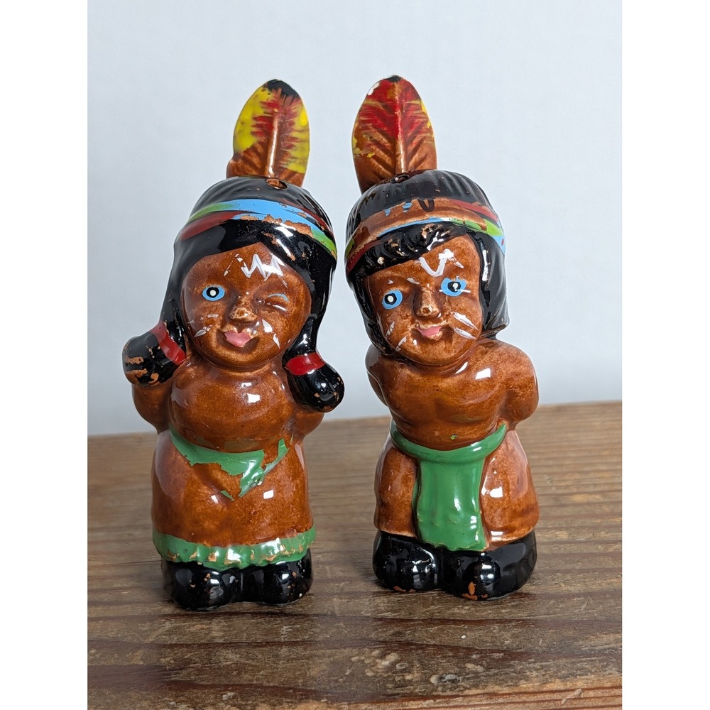 Vintage Native American Boy & Girl Salt & Pepper Shakers Ceramic Feather Set